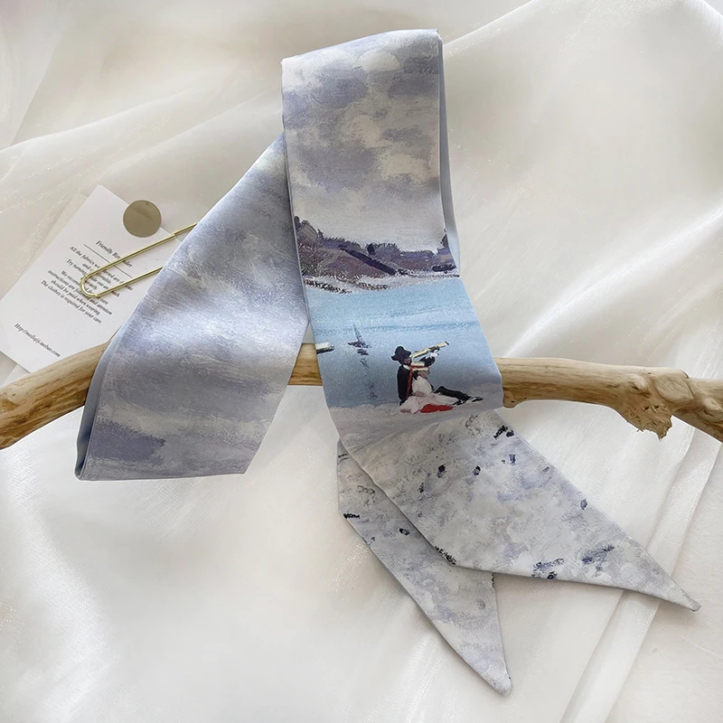 Luna&Dolphin Water Lily Oil Painting Silk Skinny Scarf Artistic Sense Tie Bag Headband Belt Wild Decorative Ribbon Waistband 6