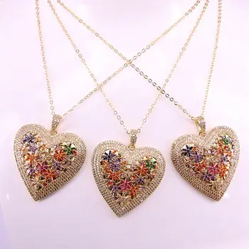 

4PCS, Big Flower Heart Pendant Charm Micro Paved CZ Stone Jewelry Golden Rainbow Crystal Necklace