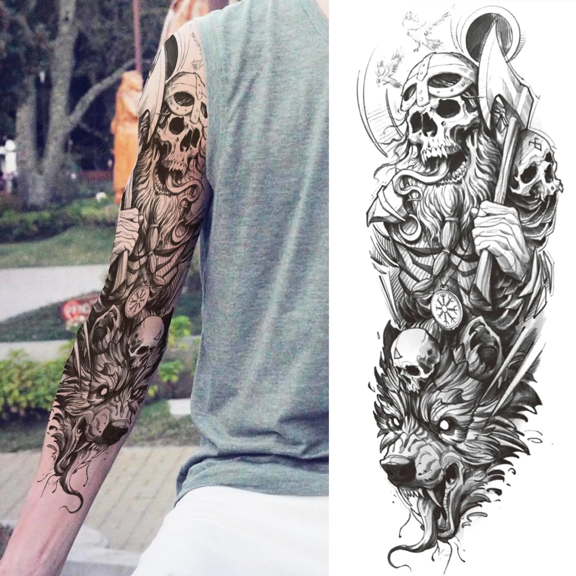 Skull Axe Wolf Temporary Tattoos Sleeves For Men Women God Soldier Compass  Full Arm Fake Tatoos Water Transfer Tattoo Stickers|Temporary Tattoos| -  AliExpress