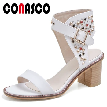 

CONASCO Summer 2020 New Fashion Sexy Rivets Genuine Leather Women Sandals Pumps High Heels Party Night Club Casual Shoes Woman