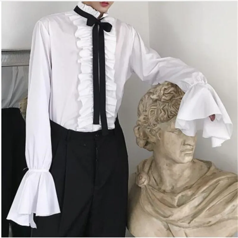 40% хлопковая рубашка Ретро Ruffleshirt мужская белая свадебная рубашка с расклешенными рукавами королевская дизайнерская рубашка в готическом стиле Мужская сорочка Homme