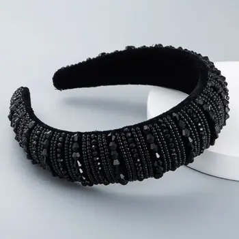 

Simple Wide-brimmed Headband Female Fashion Handmade Beaded Rhinestone Head Hoop Black