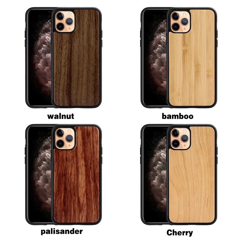 

For iPhone 11 Pro Max XS S XR Real Wood Walnut Bamboo Cherry Palisander Wooden Phone Cover Case Back Cover With TPU Shock-proof