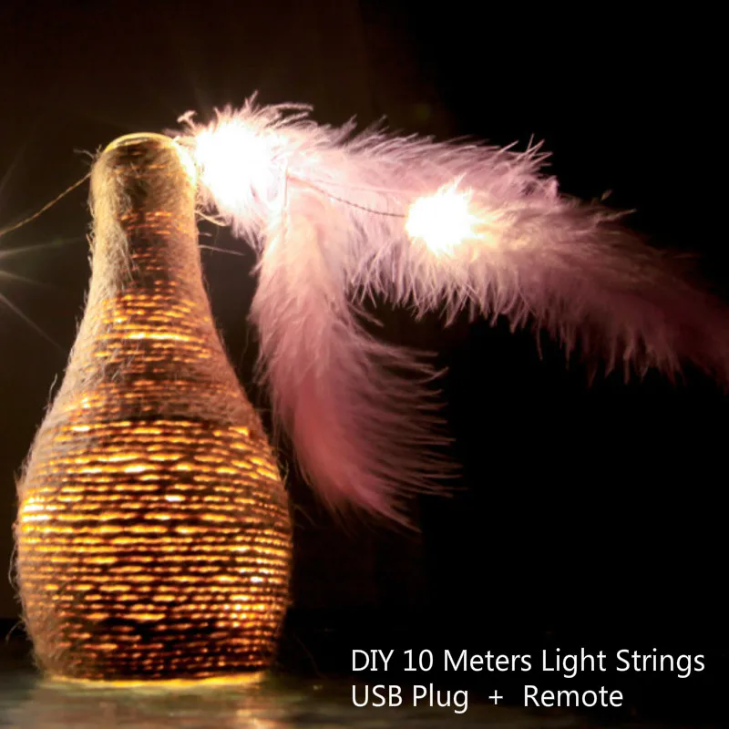 

10M Copper Light Strings Feather Fairy Light Bedroom Led Decoration Stars Twinkle Living Room Decorative Lights Remote USB Plug
