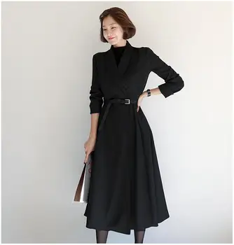 

New Arrival Elegant Autumn Dress Female High Waist Quality Suit Collar Dress Black Casual Knee-length Women Dress