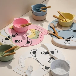 Baby 4Pcs set Silicone Bowl Baby Feeding Tableware Bibs Set Non-slip Children's Wooden Handle Silicone Spoon Bibs Dishes