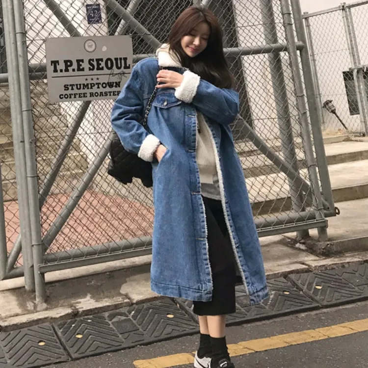 

South Korea CHIC Wind Winter New Products Retro plus Velvet Lambs Wool Joint Loose-Fit Long Cowboy Cotton-padded Clothes Warm Co