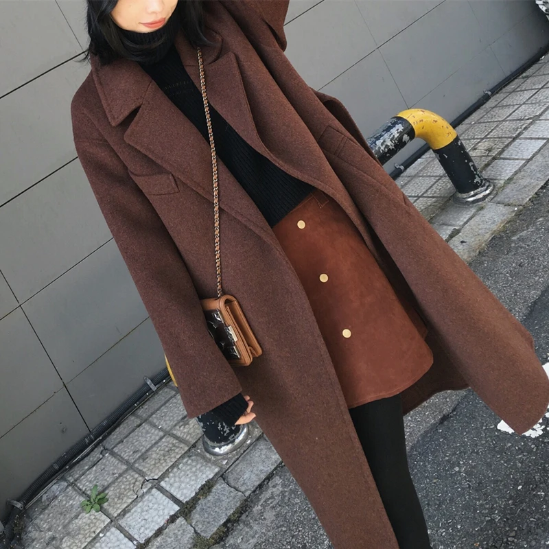 

Adjustable Belt Elegant Thick Long Woolen Coat Woman Wool Coats Winter Overcoats Brown