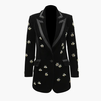 

GoodliShowsi High End Women's Velvet Suit Tops Delicate Diamonds Bees Adorn Notched One Button Female Black Jackets Coats
