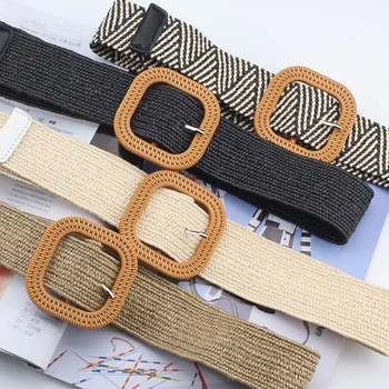 

Female Woven Wide Elastic Braided Belts Women Round Buckle Bohemian Knitted Skirt Black Waist Belt Ladies Dress Boho Belt