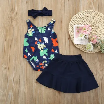 

Summer Infant Rompers Baby Girl Skirts Set Sleeveless Flower Pattern Romper+Skirt+Headband Casual Outfits 2Pcs