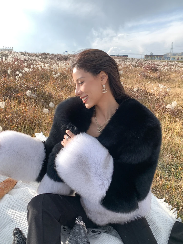 Winter New Real Fox Fur Coat V-neck Trendy Color Patchwork Full Pelt Genuine Fox Fur Jacket Thick Warm Fur Overcoat Luxury Woman