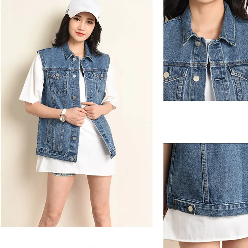 Autumn Large Size 6XL Casual Women's Denim Vest Short Sleeveless Turn-down Collar Ladies Vests New Slim Female Waist Vest