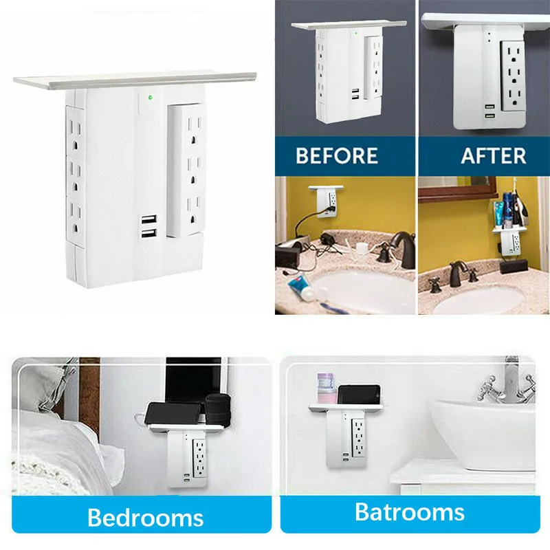 Newest 8 Port Wall Outlet Electrical 6 Outlet Extenders 2 USB Charging Ports with Shelf