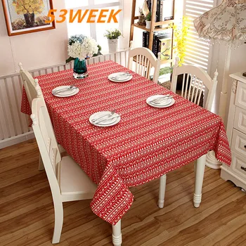 

Red Christmas decoration tablecloth deer printed Christmas tree flower cotton and polyester tablecloth with lace 145 * 300cm