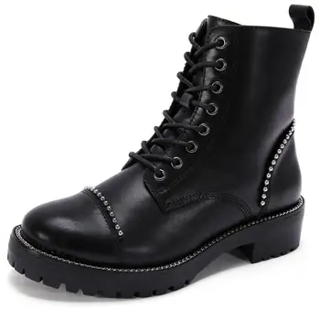 

Cestfini Black Combat Motorcycle Boots for Women Genuine Leather Ankle Boots for Women, Cap Toe Lace Up Boots with Zipper