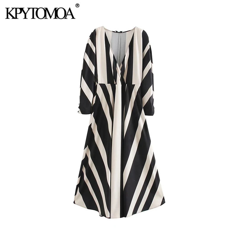KPYTOMOA Women 2020 Chic Fashion Striped Midi Dress Vintage V Neck Long Sleeve Side Zipper Female Dresses Casual Vestidos Mujer KPYTOMOA Women 2020 Chic Fashion Striped Midi Dress Vintage V Neck Long Sleeve Side Zipper Female Dresses Casual Vestidos Mujer