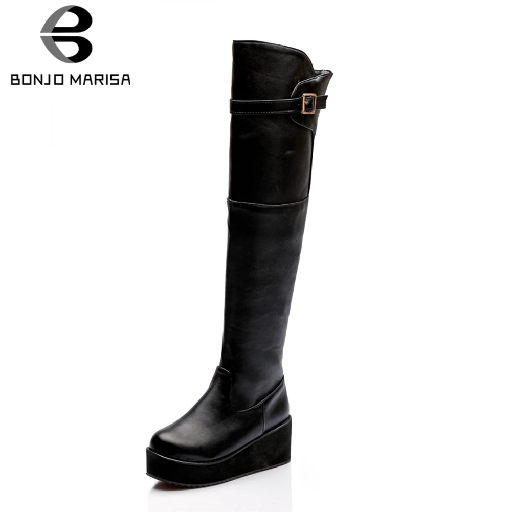 

BONJOMARISA Big Size 33-43 Ladies Elegant Knee High Platform Boots Women 2020 Fashion Black Platform Boots High Heel Shoes Woman