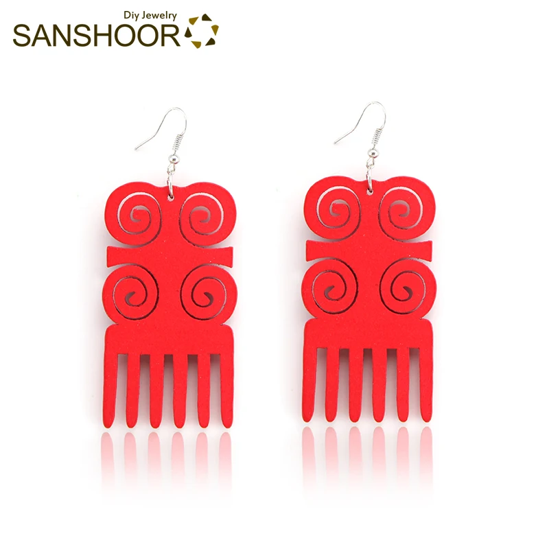 Red 3 SANSHOOR, рисунок афро, гребень, дерево, висячие серьги, африканское племя, этнические хип-хоп богемные ювелирные изделия для женщин, подарки, 6 пар - Окраска металла: Red 3