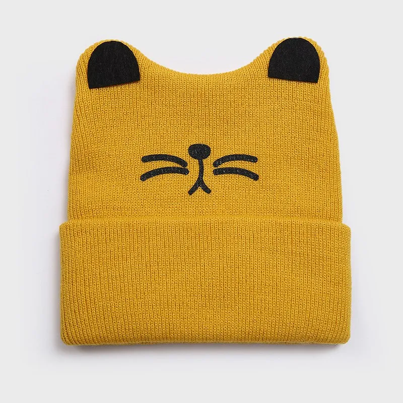 Мультяшные детские зимние шапки бини для детей, вязаные сохраняющие тепло шапки с ушками кошки для младенцев, комфортный для мальчиков и девочек, шапочка, вязаная эластичная шапка - Цвет: Цвет: желтый