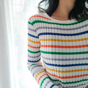 

Real photo Rainbow Stripe knitwear elastic Korean slim round neck thin long sleeve sunscreen women Sweater pullovers