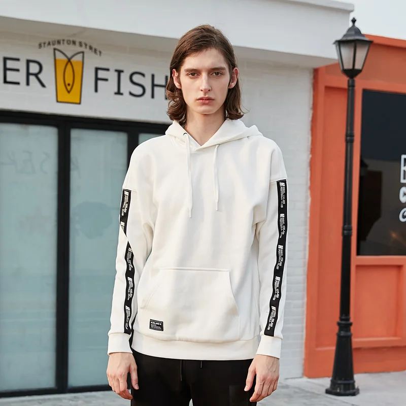 Мужская толстовка с капюшоном KELME черно белая в полоску принтом сбоку стиле хип