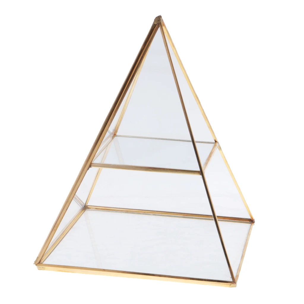 2 Tiers Vintage Style Brass Clear Glass Pyramid Mirrored Shadow Box Jewelry Display Case