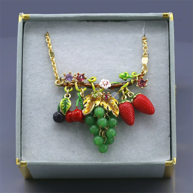 

S04-041J les Brand fanstitic romatic colorful fruit strawberry enamel grape cherry statement gold pendants necklaces