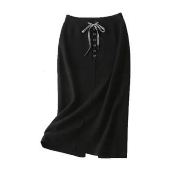 

Vintage Winter Women thick wool blend skirt Elastic High Waist Pleated Midi knitted Skirt straight female solid elegant Skirts