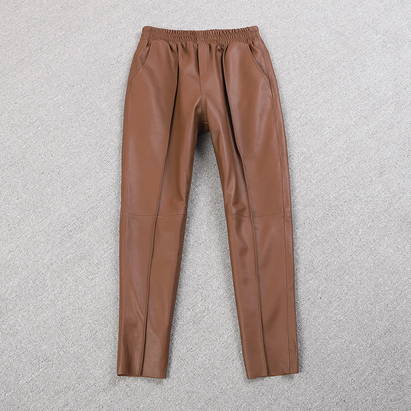 England style great quality ealstic waist real sheep leather pants Spring female High waist was thin pencil leather Pants F1051 England style great quality ealstic waist real sheep leather pants Spring female High waist was thin pencil leather Pants F1051