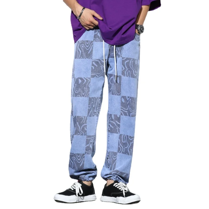 Street Fashion Men's Jeans New  Loose Plaid Print Straight Wide Leg Jeans Japanese Hip-Hop Spring/ Summer Men's Casual Pants 3XL 1