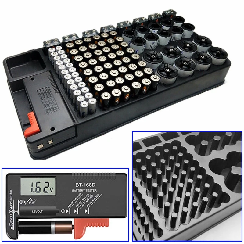 Button Cell Battery Organizer 110 Storage Tester Removable Case Black 35x18x5cm Tool Accessories Holder