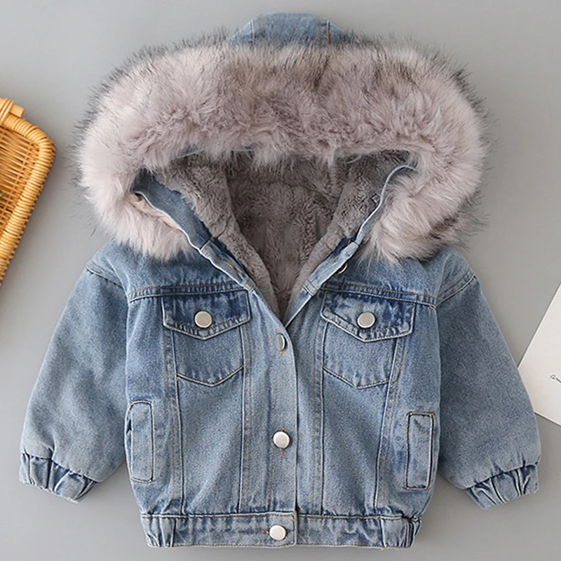 Baby Girl Coats 2021 Winter Thicken Denim Fur Hooded Parkas Jackets For