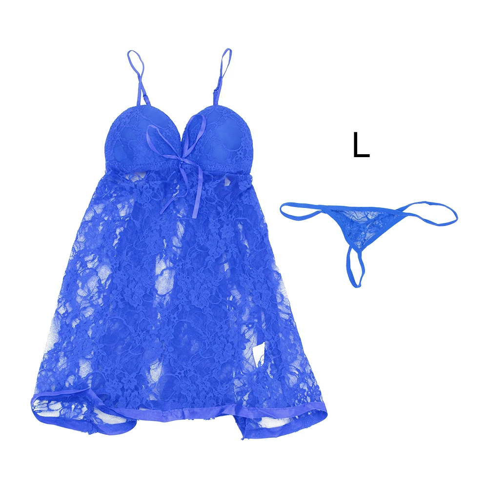 blue L Женское платье+ стринги Экзотическая одежда кружевные комбинации и сорочки плюс размер сексуальная пижама эротическое белье - Цвет: blue L