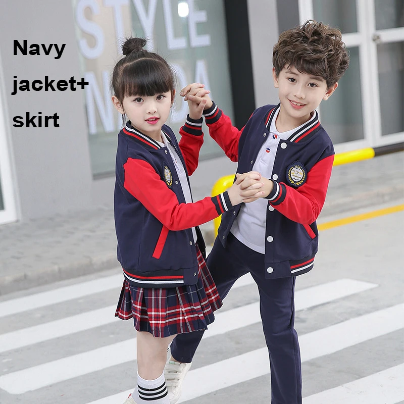Navy girls set 2 предмета, клетчатая юбка для девочек школьная форма, костюмы для мальчиков, куртка+ брюки, комплект одежды, осенняя школьная форма для девочек - Цвет: Navy girls set