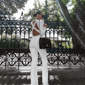 

Leger Babe Elegant White Bodycon Party Bandage Jumpsuit Women 2020 Spring Sexy Deep V Neck Backless Playsuits Ladies Streetwear