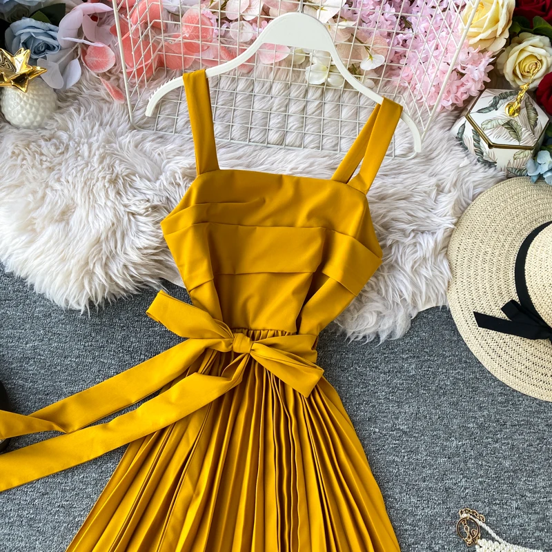 Neploe Ретро Высокая талия бедра пояса плиссированное платье Желтый топики богемный праздник Vestido квадратный воротник без рукавов линии Ropa48563