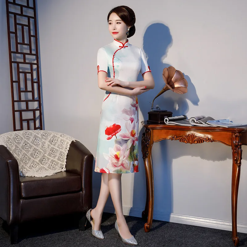 Женское элегантное вечернее облегающее платье Qipao с принтом белого цвета, с коротким рукавом, для сцены, Cheongsam оверсайз