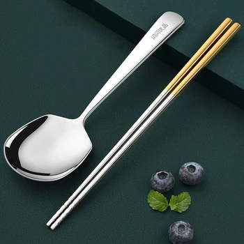 

Set of 2 Silvery 304 Stainless Steel Spoon and Chopstic Kit Cutlery Sets Packs Dinnerware for Soup Tableware Gadgets Tools