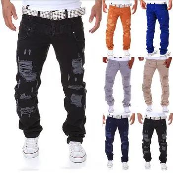 

Men Skinny Runway Straight Zipper Denim Pants Destroyed Ripped Jeans new
