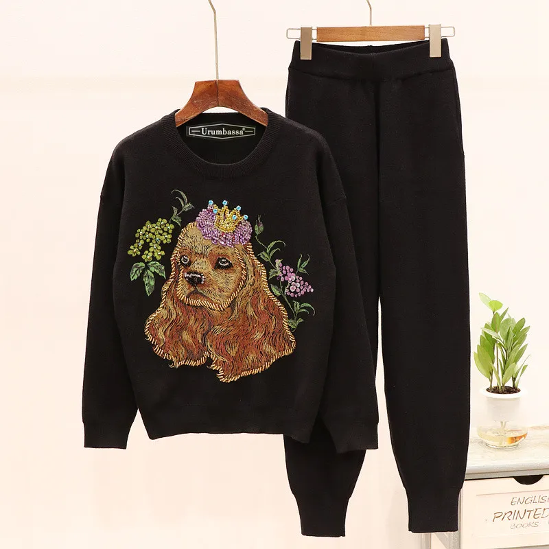 

Europe&America style women's high quality knitting pantsuit Chic beading diamonds dog print sweaters + pants two piece set A923