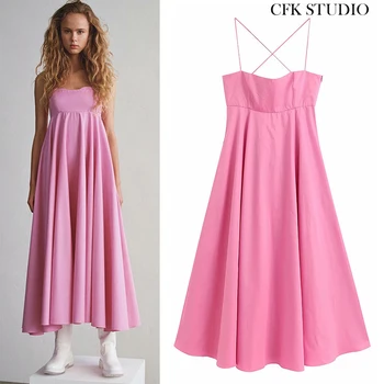 

2020 Women Summer Mididress with V-neck sleeveless Solid Sexy Dress Femme Party Slip Cotton Pink A-line Mididress