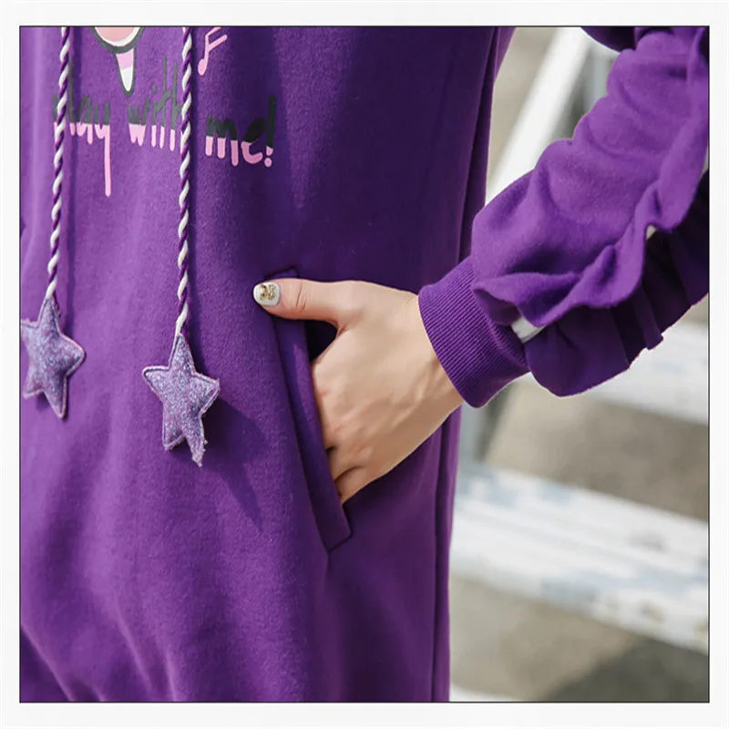 Lychee Harajuku Ruffle лоскутное Фиолетовые женские толстовки гитара кролик письмо вышивка с капюшоном женские толстовки Осенние женские топы