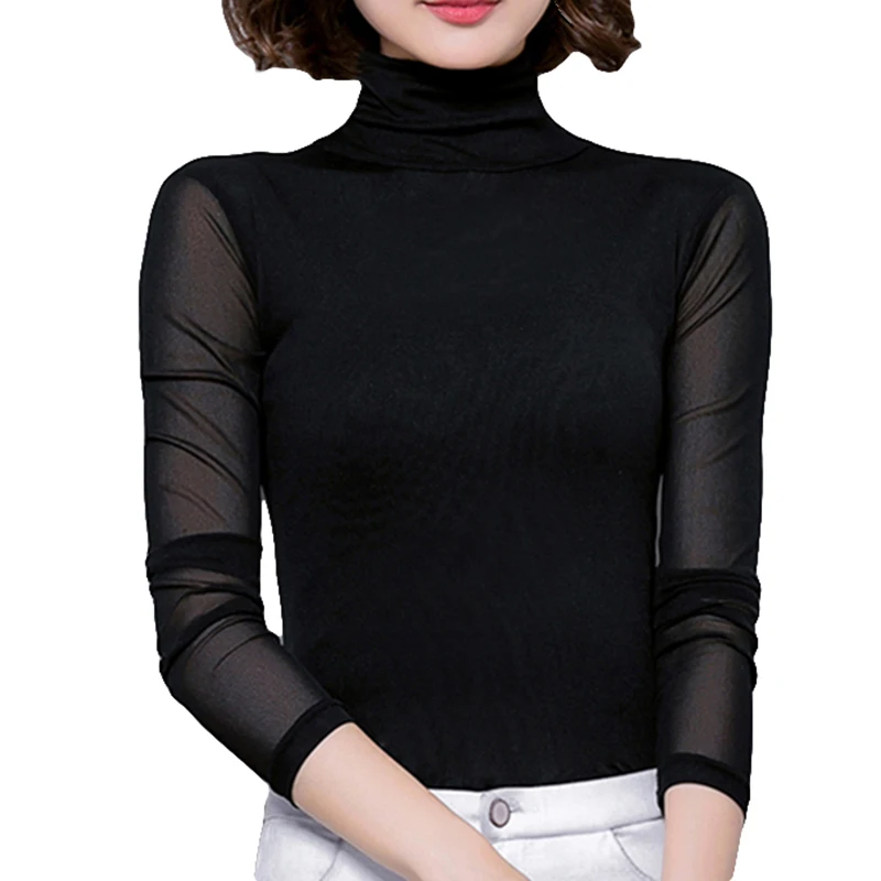 

Sexy Mesh Tops Blouse Women Turtleneck Long Sleeve Tops Elasticity Black Shirt Silm Blusas Mujer De Moda Casual Shirts New