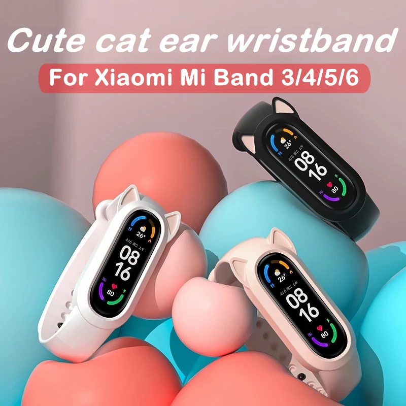 Silicone Strap for Xiaomi Mi Band 5 6 Cat Earmuffs Case 3 4 Cute Ears Bumper Wristband Fashion Cartoon Pink Color | Электроника