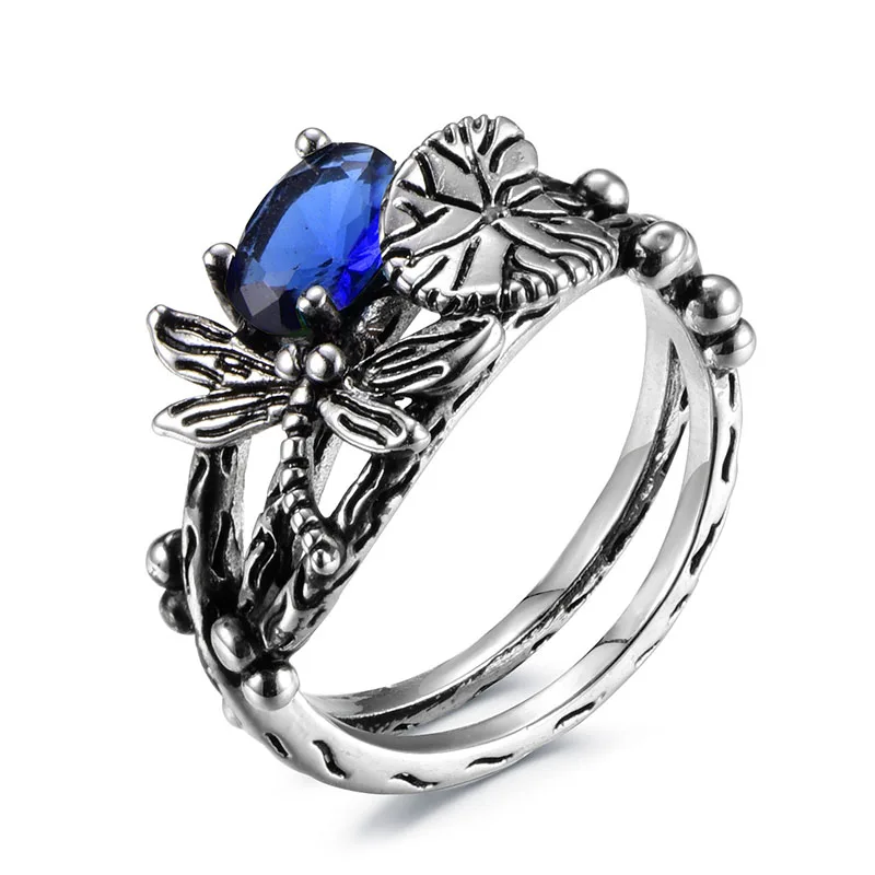 Cellacity Vintage Thai Silver 925 Jewelry Gemstones Ring for Women Dragonfly Lotus Sapphire Emerald Amethyst Bury Sapphire Gift