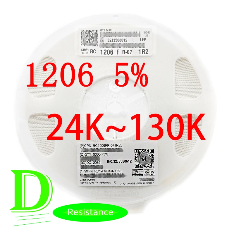 100PCS SMD резистор 1206 5% RC1206JR-07 серии 24K 27K 30K 33K 36 кГц-39K 43 к 47 51K 56K 62K 68K 75K 82K 91K 100K 110K 120K 130K |