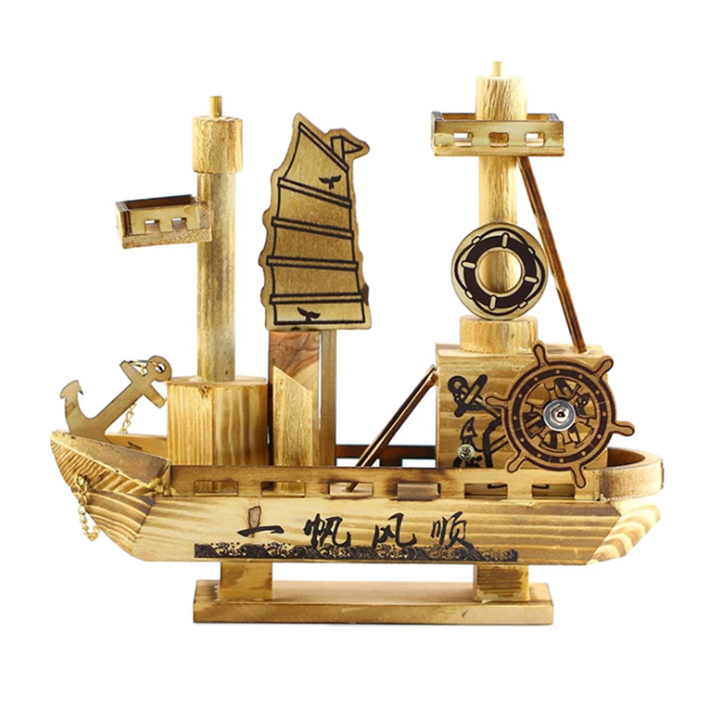 Creative Home Decoration, Wooden Crafts Sailing Figurine Small Wooden Boat Music Box, Ornaments Sailing Model Gift