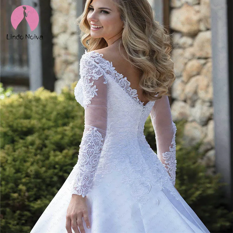 Vestido De Noiva элегантные кружевные свадебные платья с длинными рукавами, с v-образным вырезом, свадебное с жемчужными бусинами