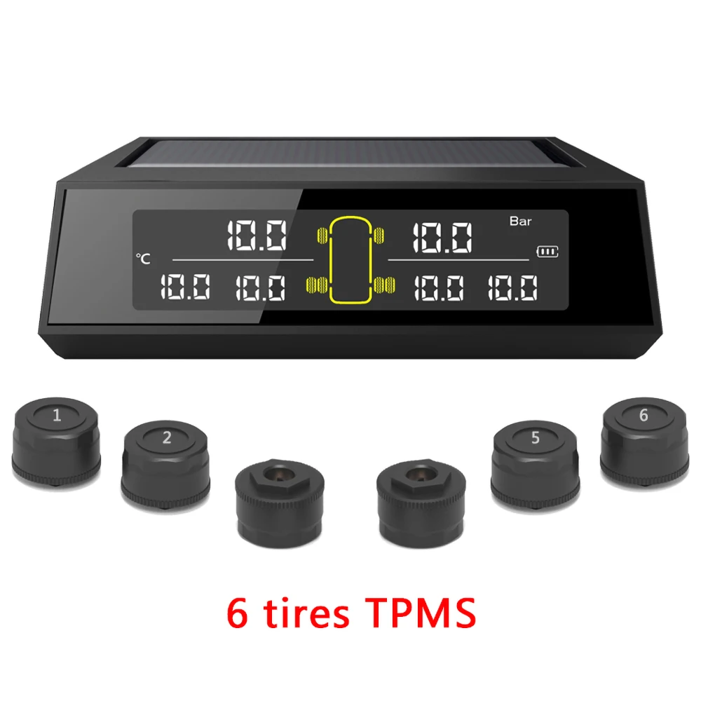 

6pcs/set Tire Pressure Monitoring System External Sensor Car Solar Power Tpms Lcd Color Screen Monitoring Tire Pressure Range